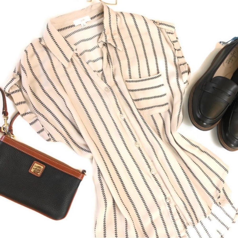 Button Down Blouse with Rolled Cuffs in Cream